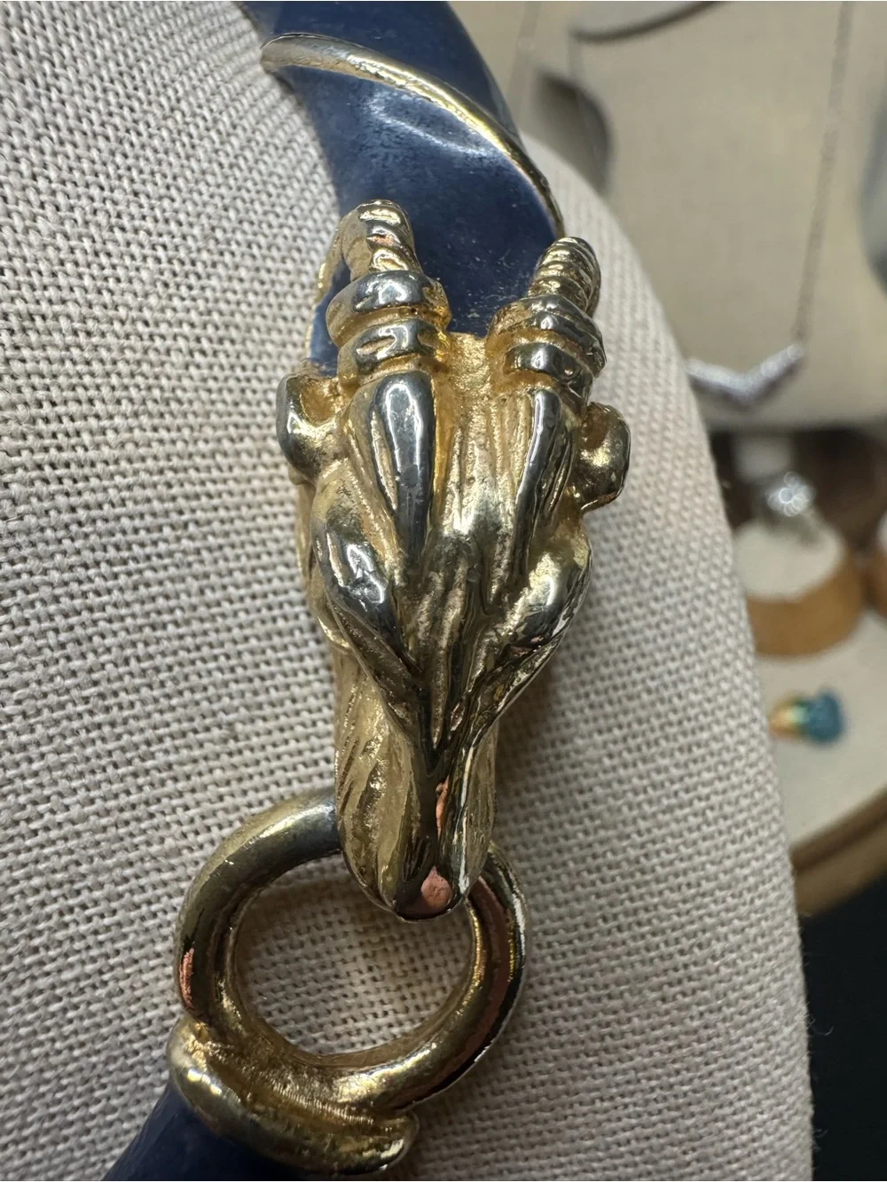 Donald Stannard Ram Head Statement Necklace – Navy Enamel & Gold-Tone